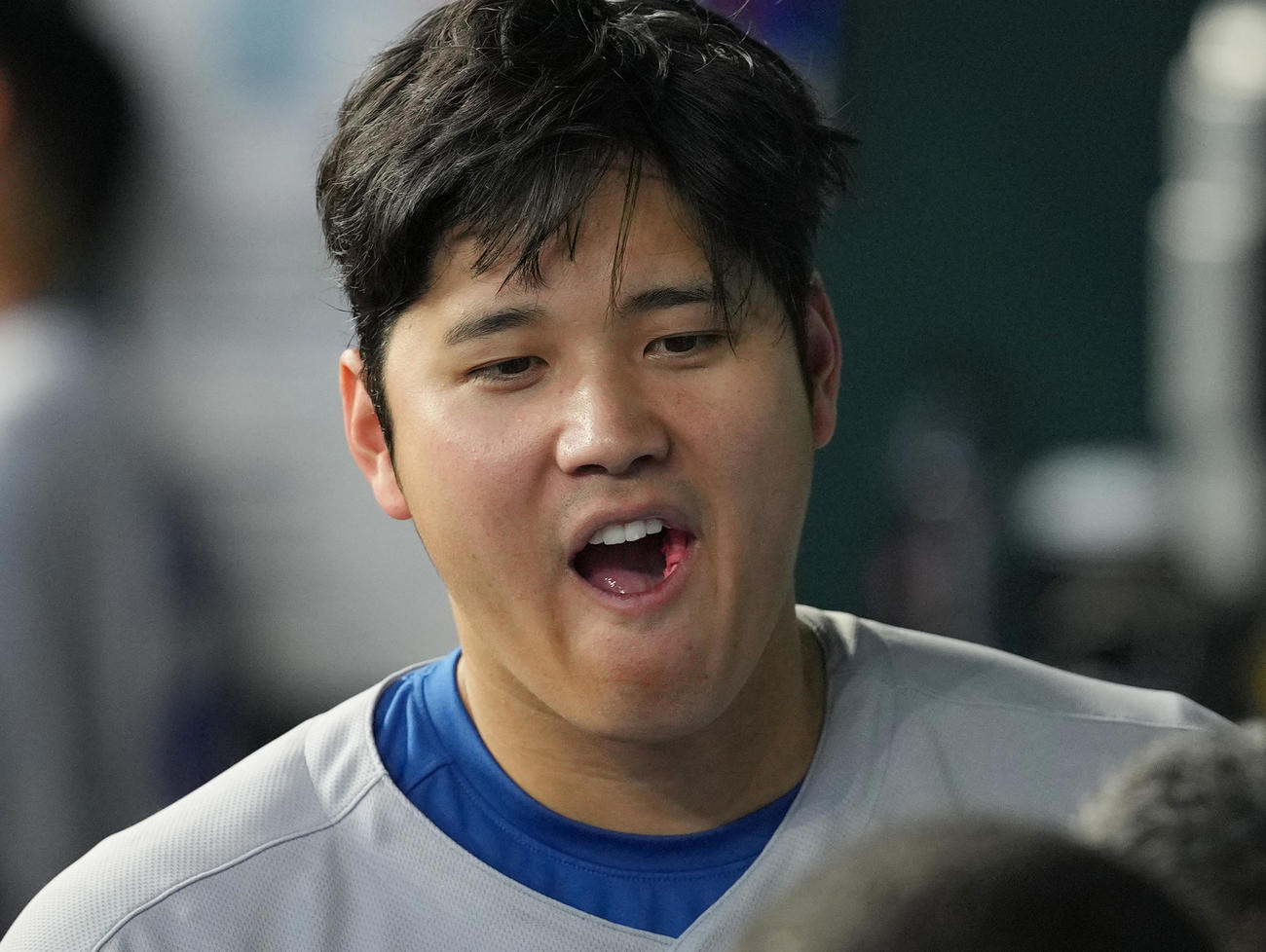 レンジャーズ対ドジャース　試合中、ベンチでガムを食べるドジャース大谷（撮影・菅敏）