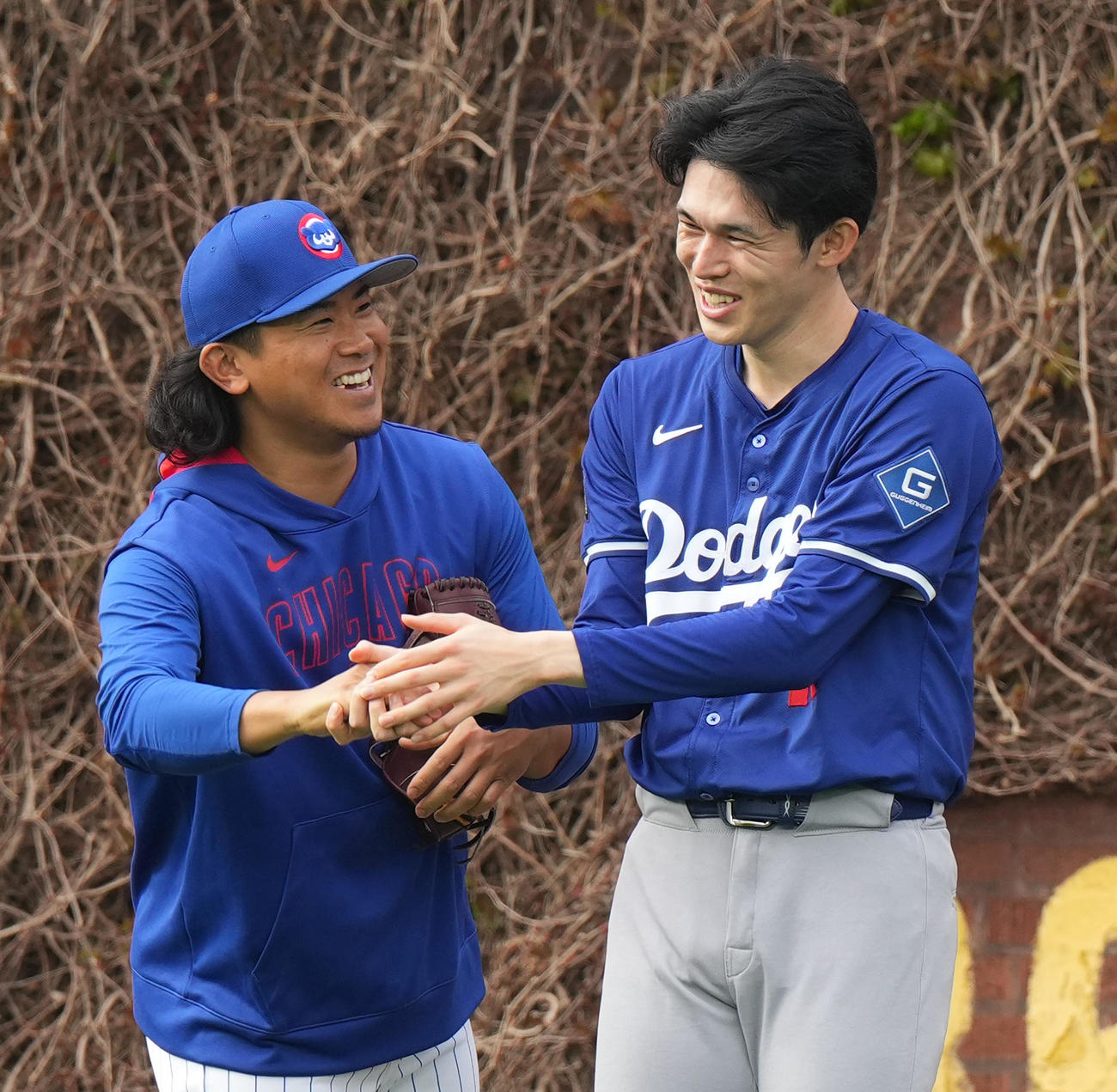 カブス対ドジャース　試合前、カブス今永（左）とじゃれるドジャース佐々木（撮影・菅敏）