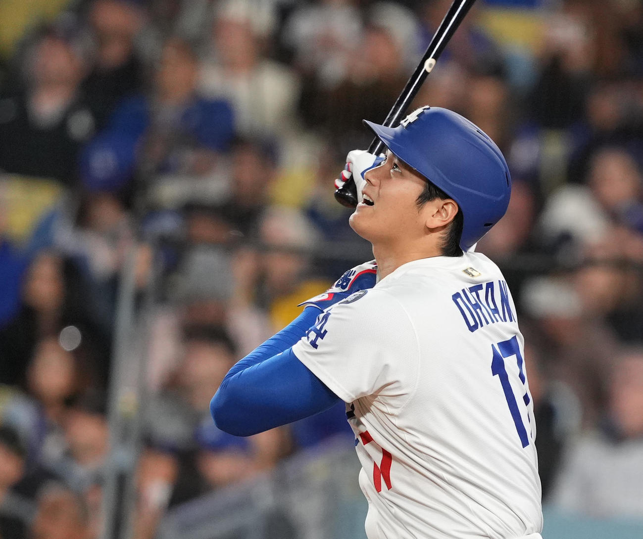ドジャース対パイレーツ　8回裏ドジャース無死一塁、中飛に倒れる大谷（撮影・菅敏）