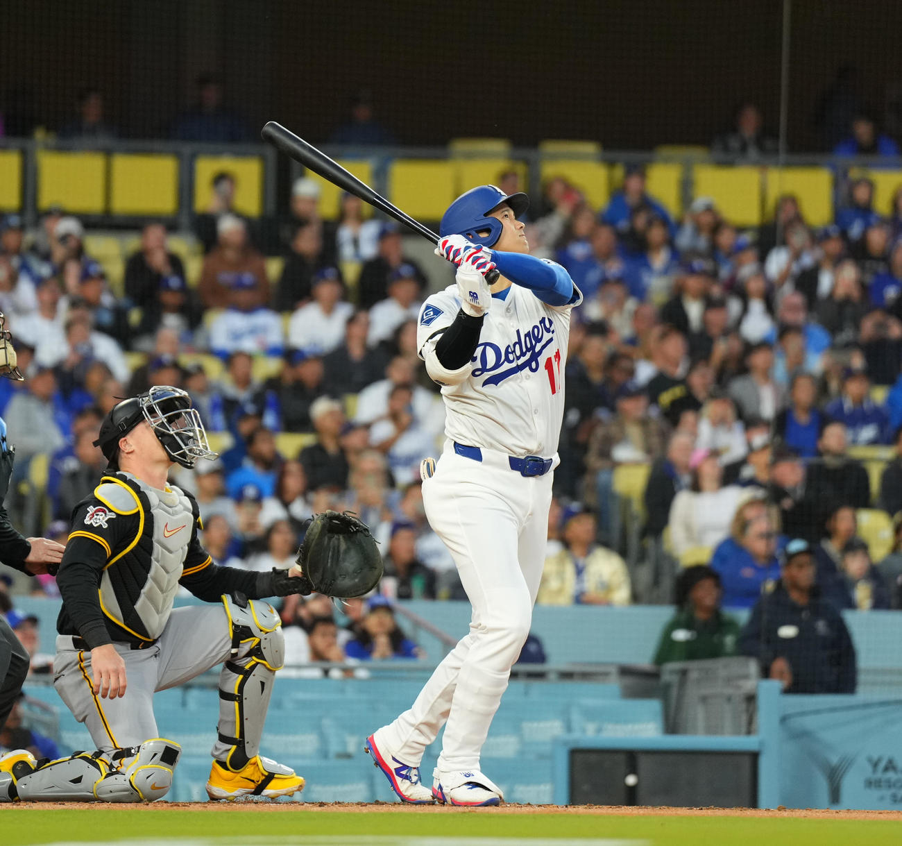 ドジャース対パイレーツ　1回裏ドジャース無死、右飛に倒れる大谷（撮影・菅敏）