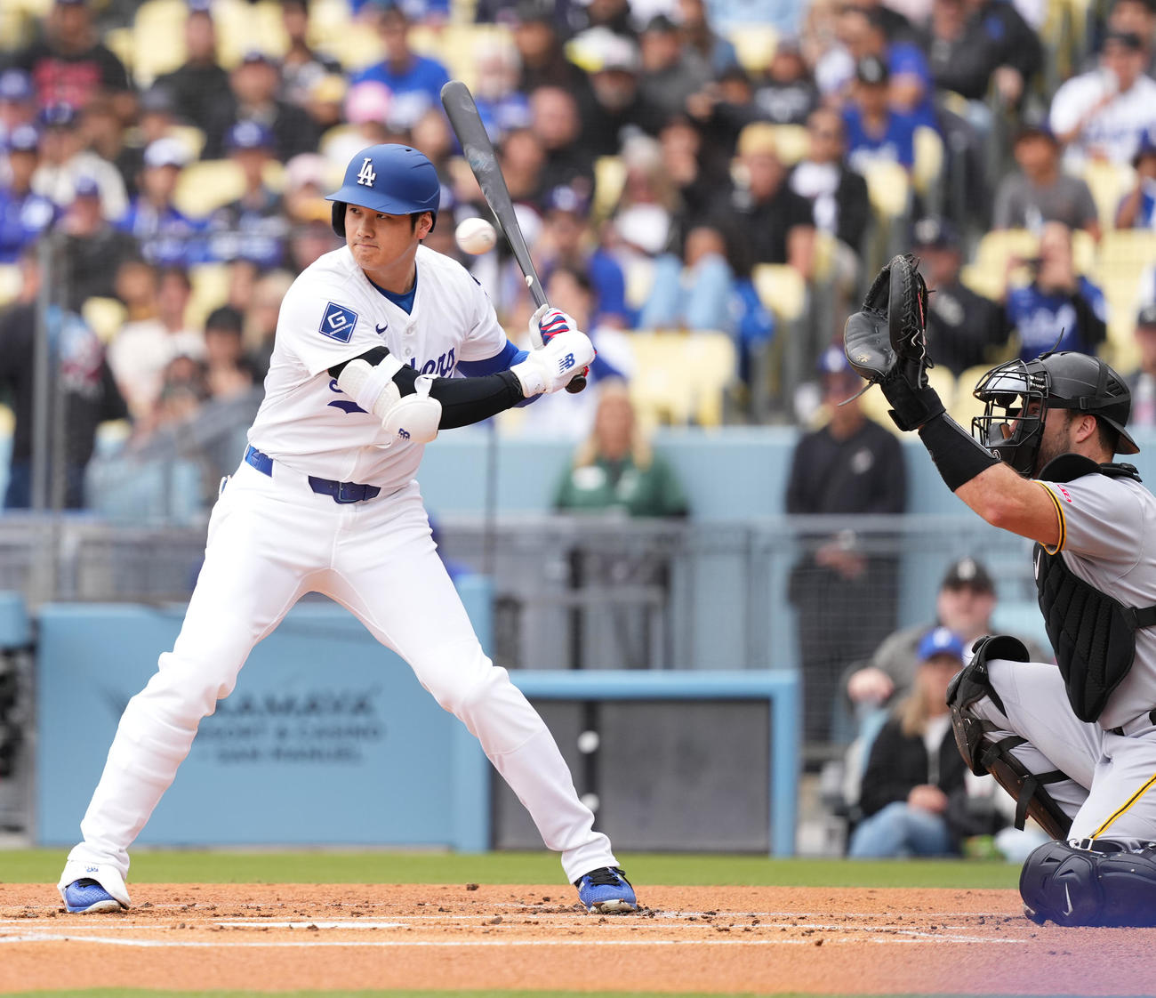 ドジャース対パイレーツ　1回裏ドジャース無死、四球を選ぶ大谷（撮影・菅敏）