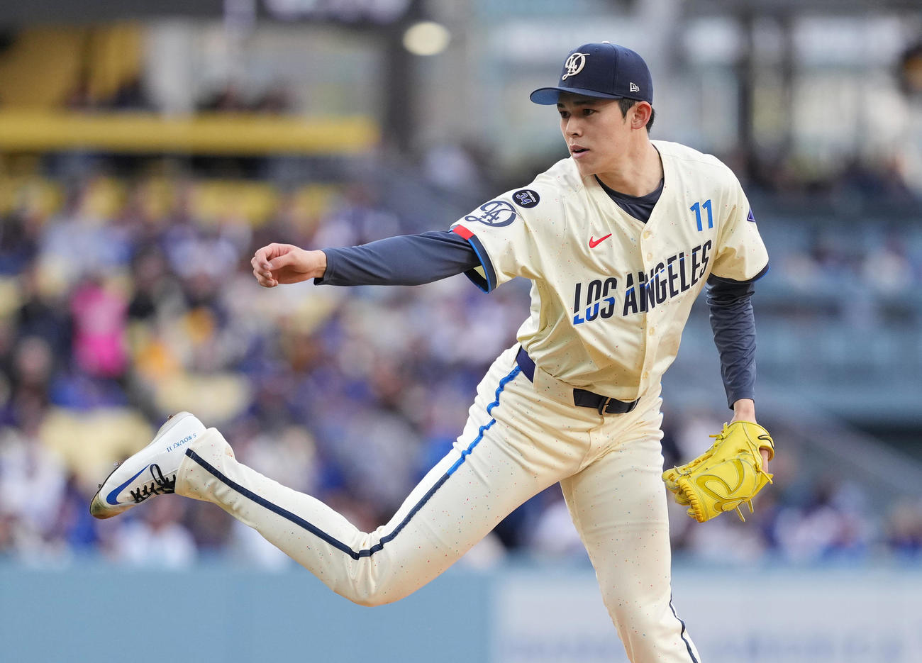 ドジャース対パイレーツ　パイレーツ戦に先発し、力投するドジャース佐々木（撮影・菅敏）