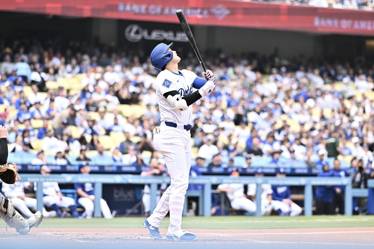 ドジャース対マーリンズ　1回裏ドジャース無死、大谷は遊飛に倒れる（撮影・滝沢徹郎）