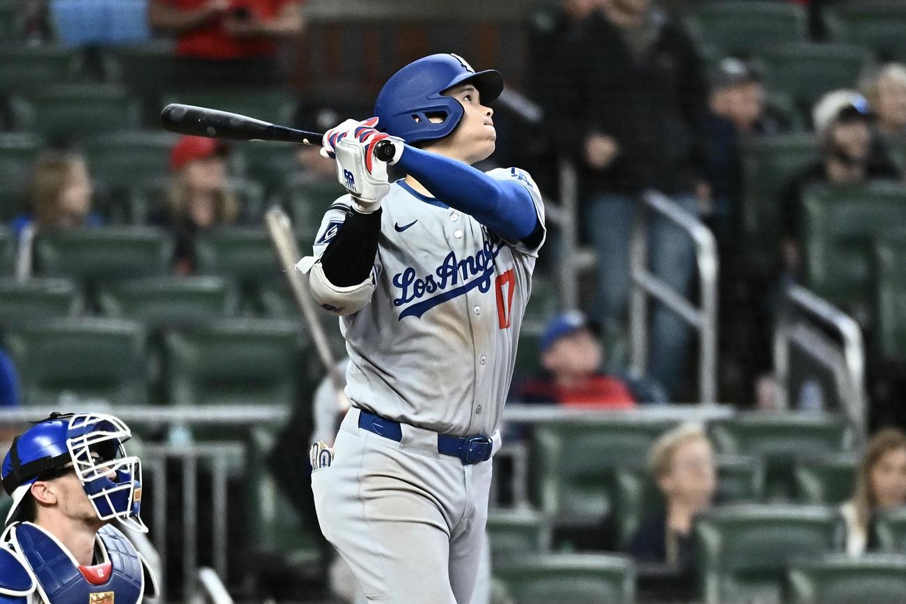 ブレーブス対ドジャース　3回表ドジャース無死、大谷はソロ本塁打を放つ（撮影・滝沢徹郎）