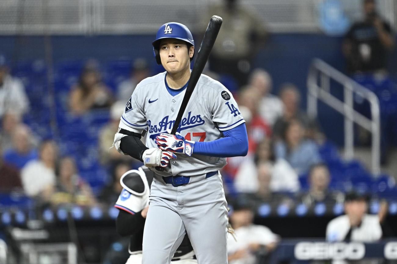マーリンズ対ドジャース　1回表ドジャース無死、見逃し三振に倒れた大谷（撮影・滝沢徹郎）