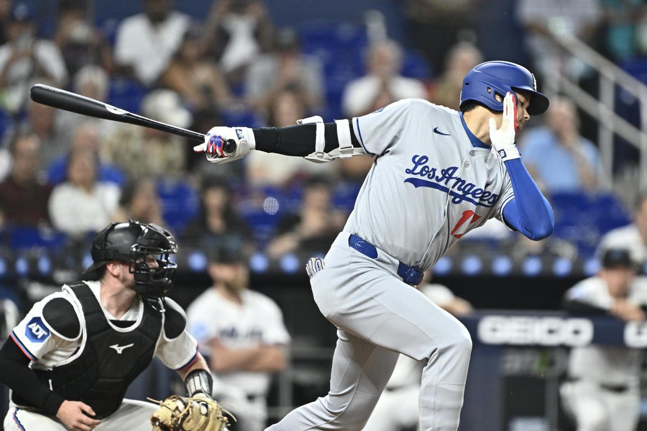マーリンズ対ドジャース　3回表ドジャース1死、大谷翔平は空振り三振に倒れる（撮影・滝沢徹郎）
