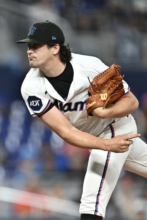 マーリンズ対ドジャース マーリンズ先発のキャル・クワントリル(撮影・滝沢徹郎)