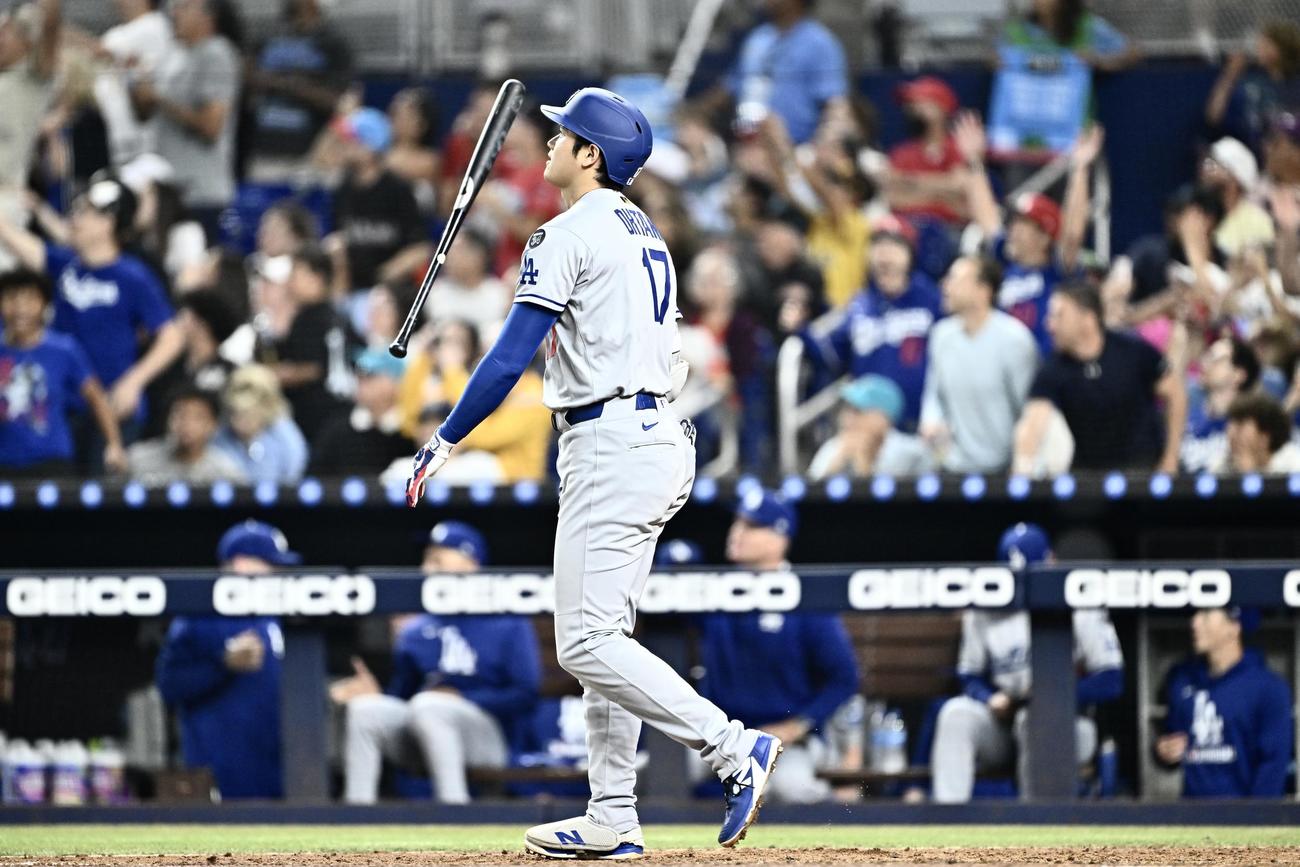 マーリンズ対ドジャース　6回表ドジャース無死、大谷は右超えソロ本塁打を放つ（撮影・滝沢徹郎）