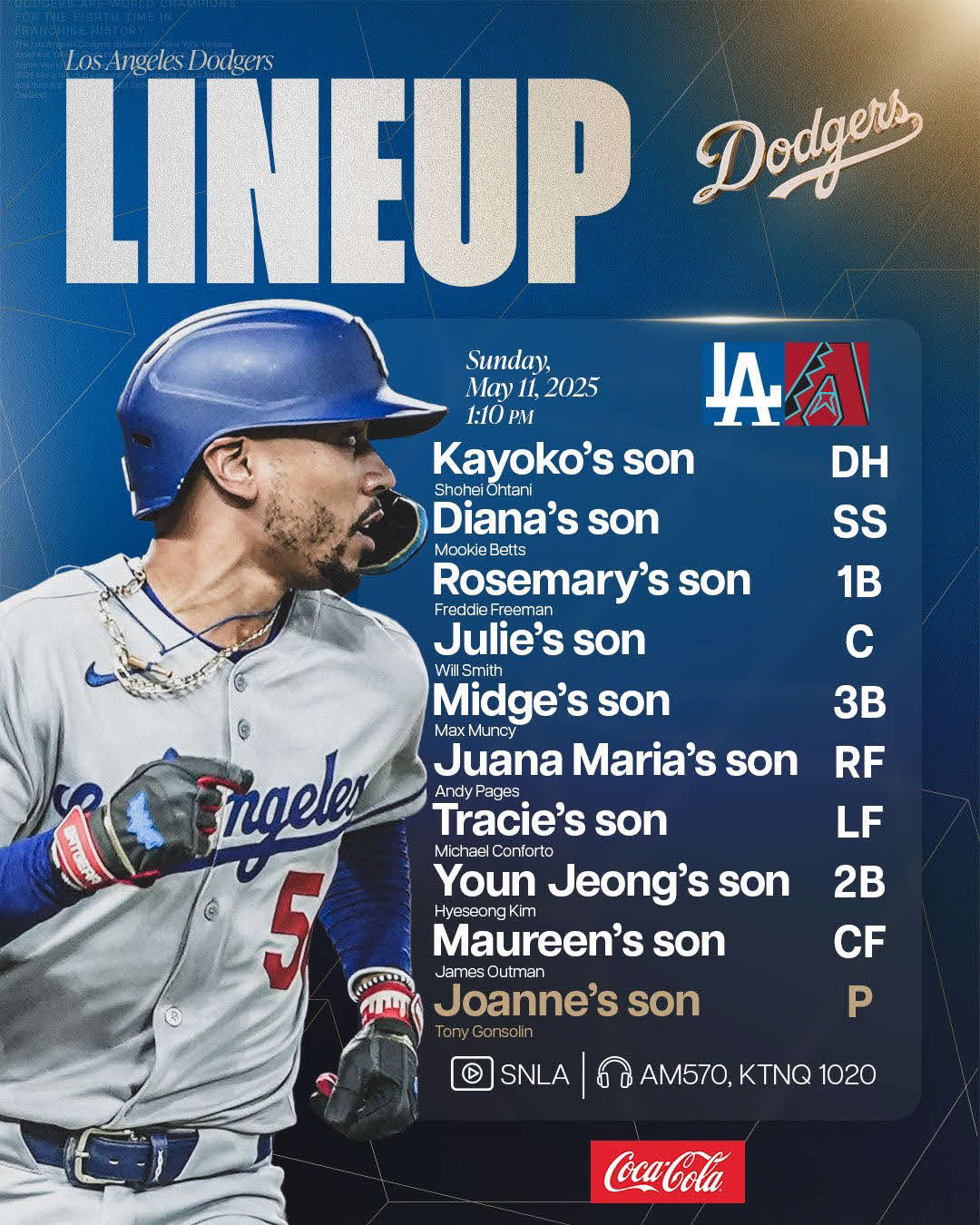 ドジャースが母の日に特別演出。スタメンの選手の母の名前で紹介（球団公式Xから）