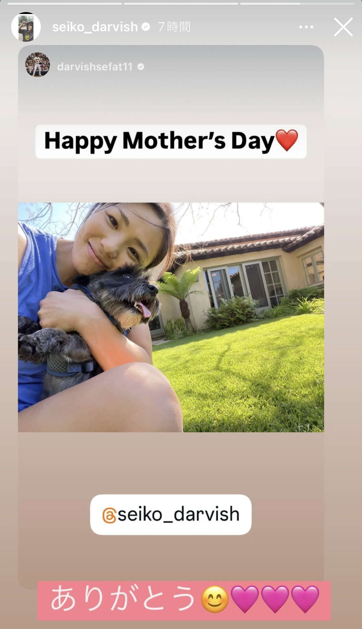 ダルビッシュ選手のインスタグラム投稿を引用した聖子さん
