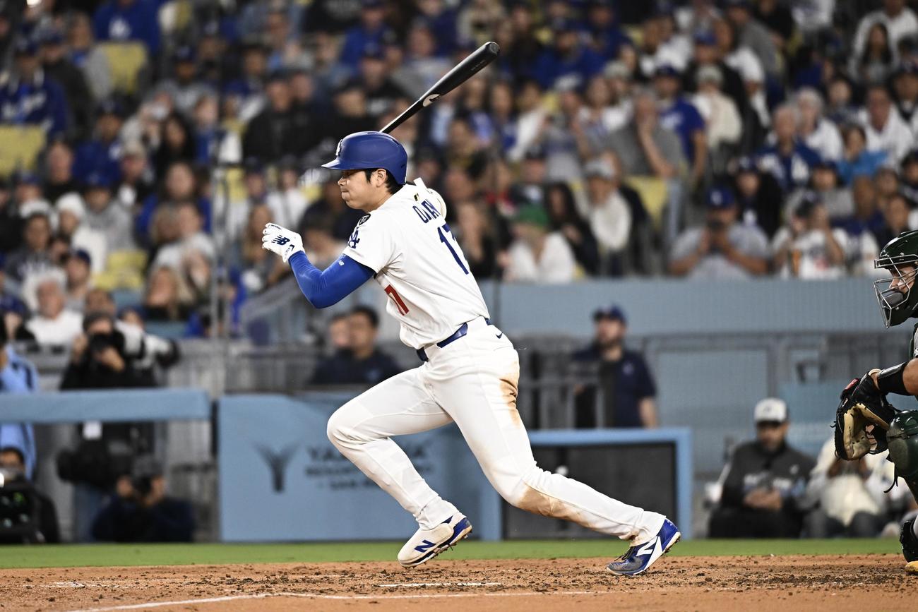 ドジャース対アスレチックス　5回裏ドジャース1死、大谷は二ゴロに倒れる（撮影・滝沢徹郎）