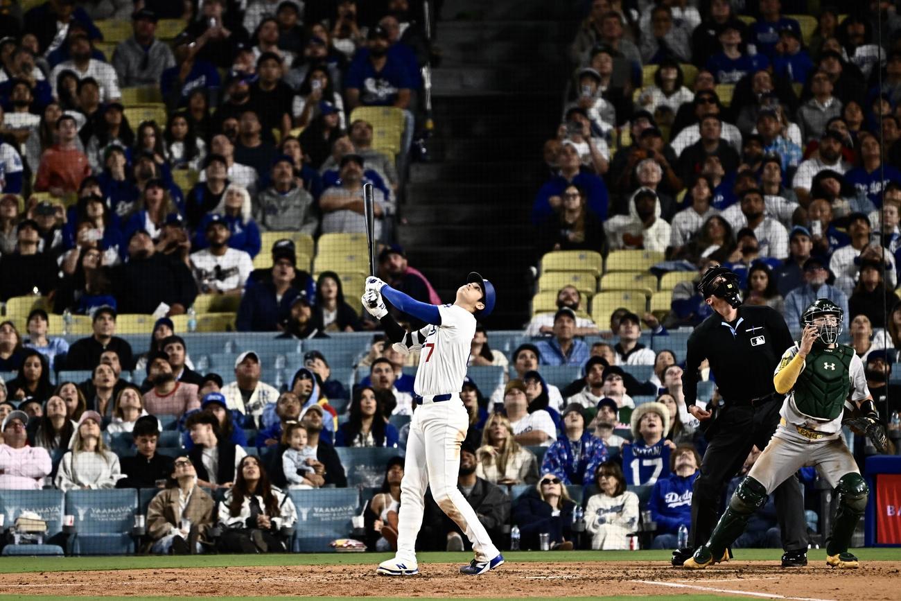 ドジャース対アスレチックス　7回裏ドジャース2死二塁、大谷は三邪飛に倒れる（撮影・滝沢徹郎）