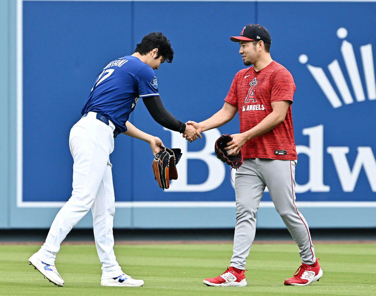 ドジャース対エンゼルス　試合前練習で握手を交わすドジャース大谷（左）とエンゼルス菊池（撮影・滝沢徹郎）