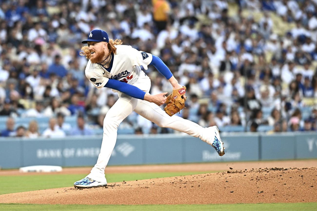 ドジャース対ダイヤモンドバックス　ドジャース先発のメイ（撮影・滝沢徹郎）