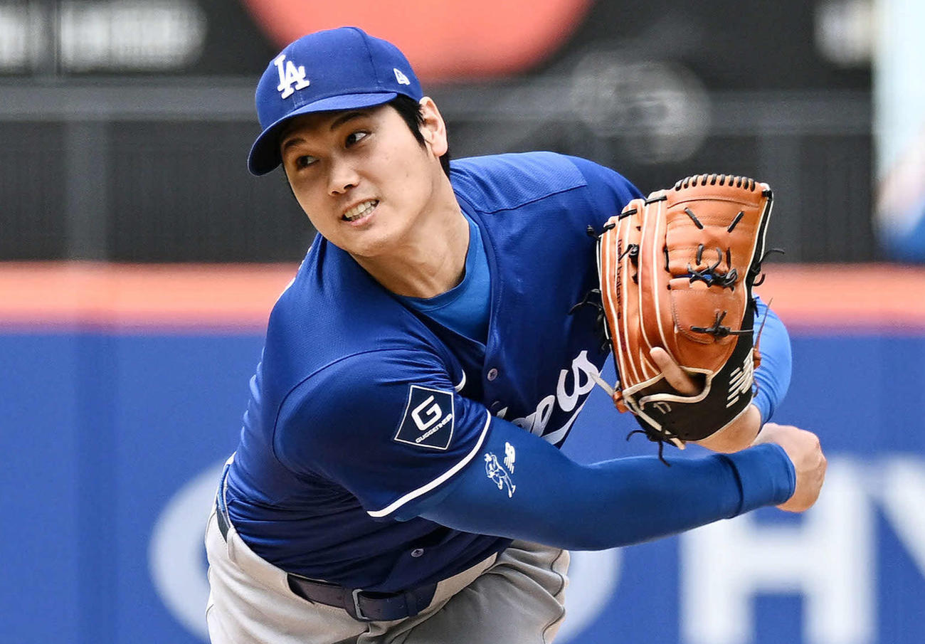 メッツ対ドジャース　試合前のライブBPで力投するドジャース大谷（撮影・滝沢徹郎）