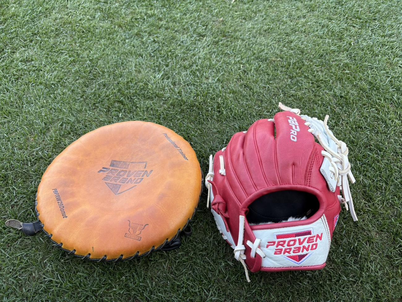 エンゼルスのワシントン監督が「内野ドリル」で使用する捕球面が平らなグラブ（左）と通常よりも小さなグラブ（撮影・久保賢吾）
