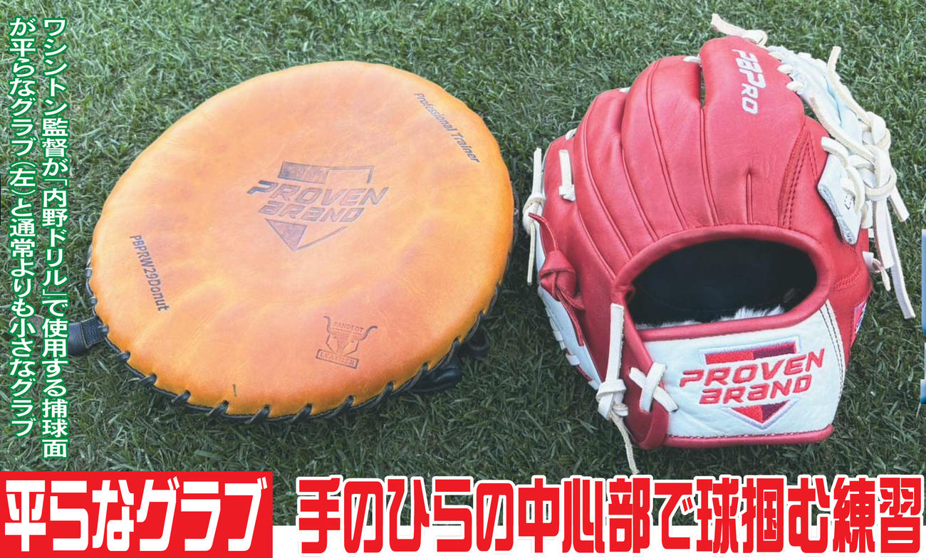 ワシントン監督が「内野ドリル」で使用する捕球面が平らなグラブ（左）と通常よりも小さなグラブ（撮影・久保賢吾）
