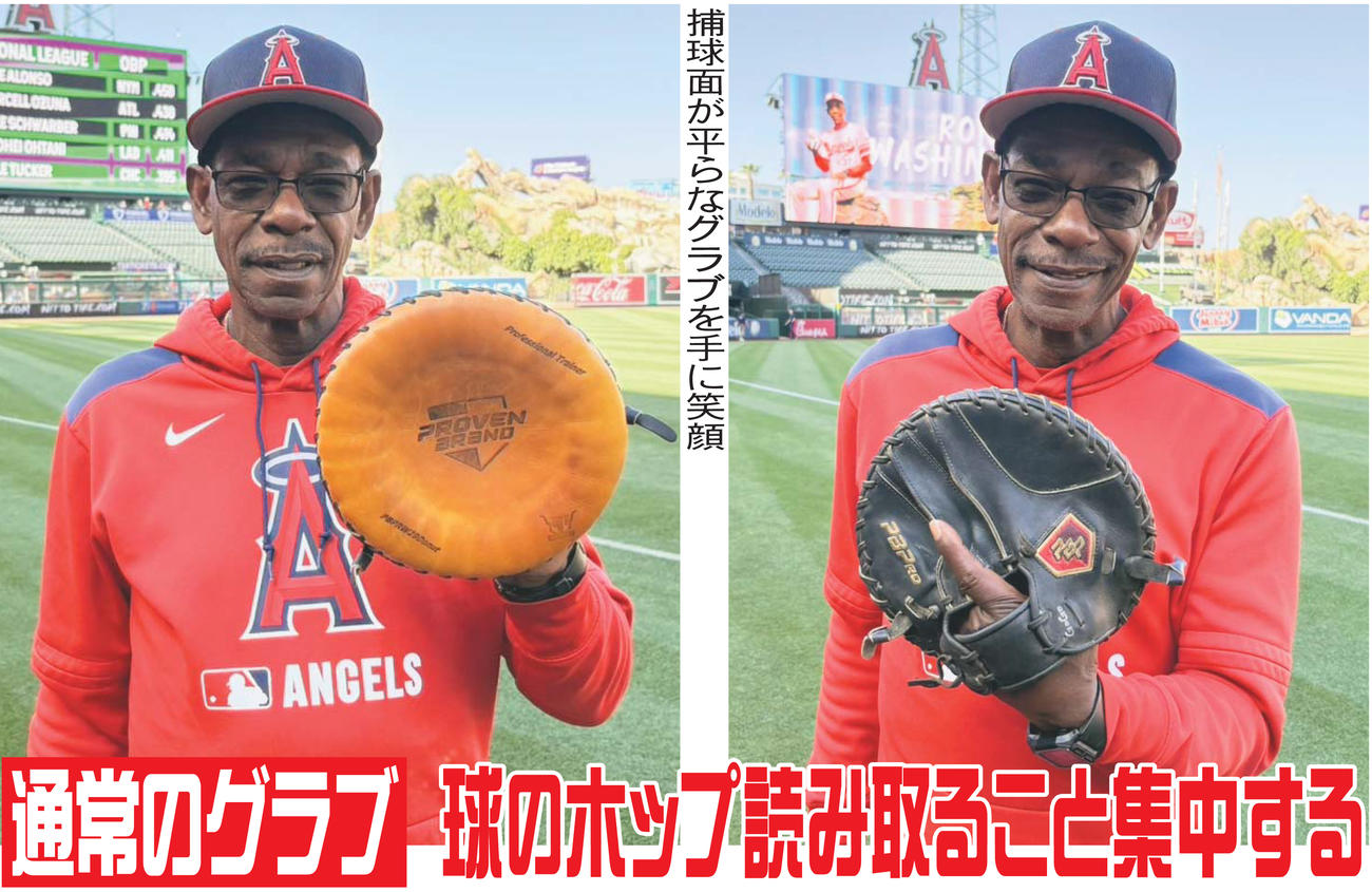 捕球面が平らなグラブを手に笑顔のエンゼルスのワシントン監督（撮影・久保賢吾）