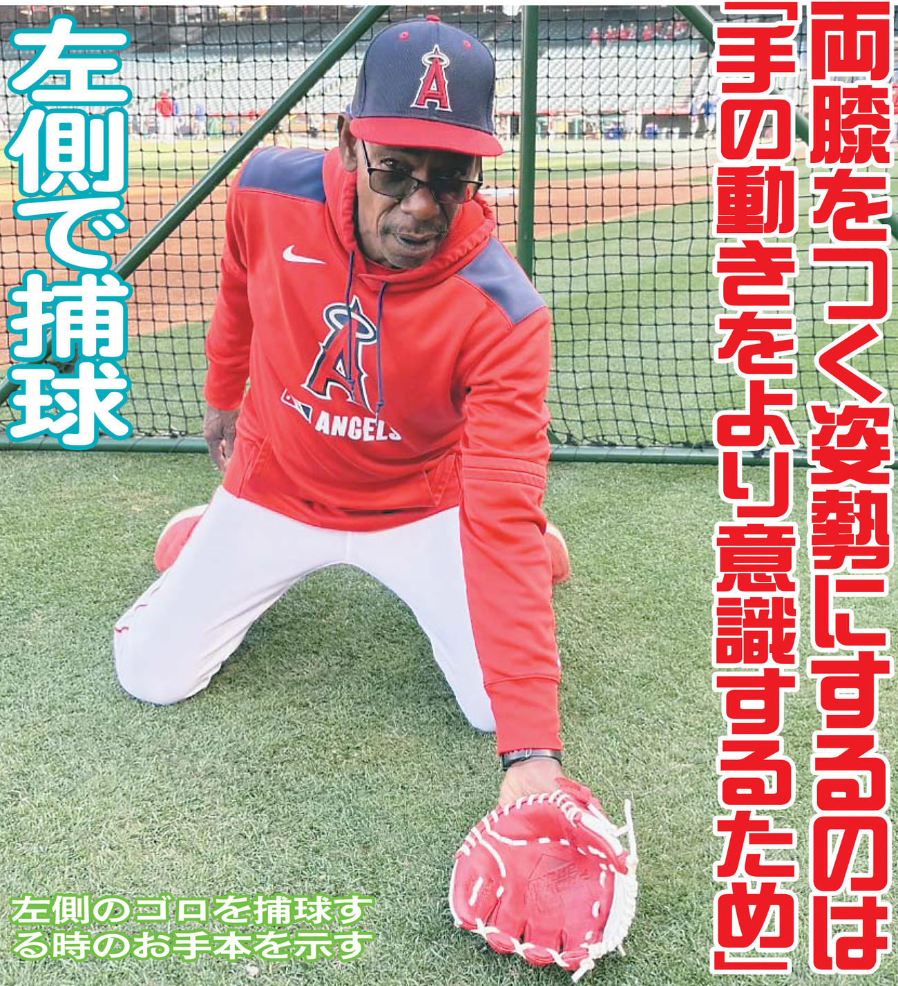 左側のゴロを捕球する時のお手本を示すエンゼルスのワシントン監督