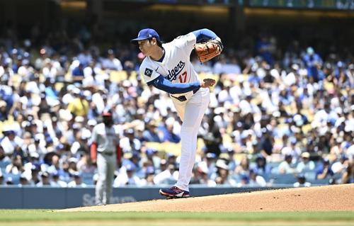 ドジャース対ナショナルズ　ドジャース先発の大谷（撮影・滝沢徹郎）