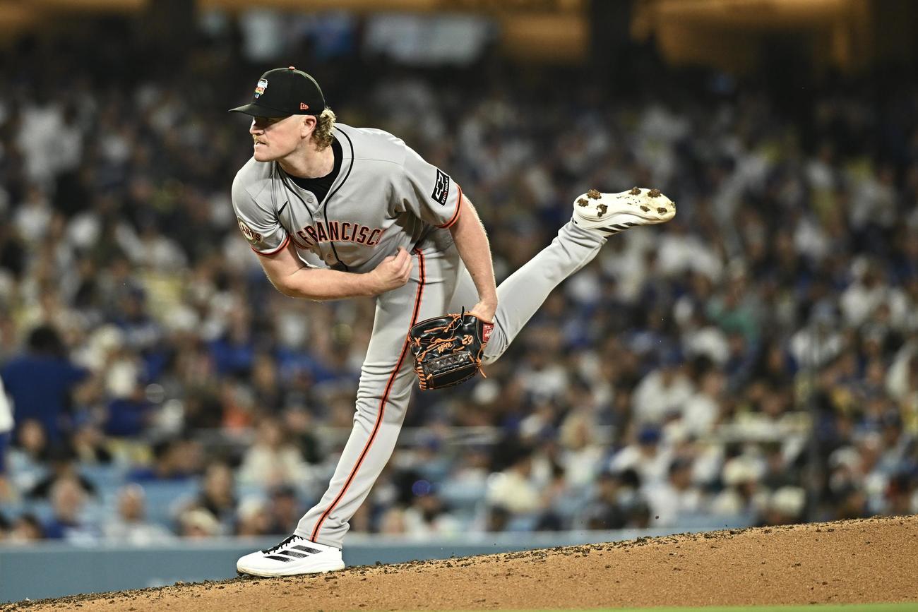 ドジャース対ジャイアンツ　ジャイアンツ先発のウェブ（撮影・滝沢徹郎）