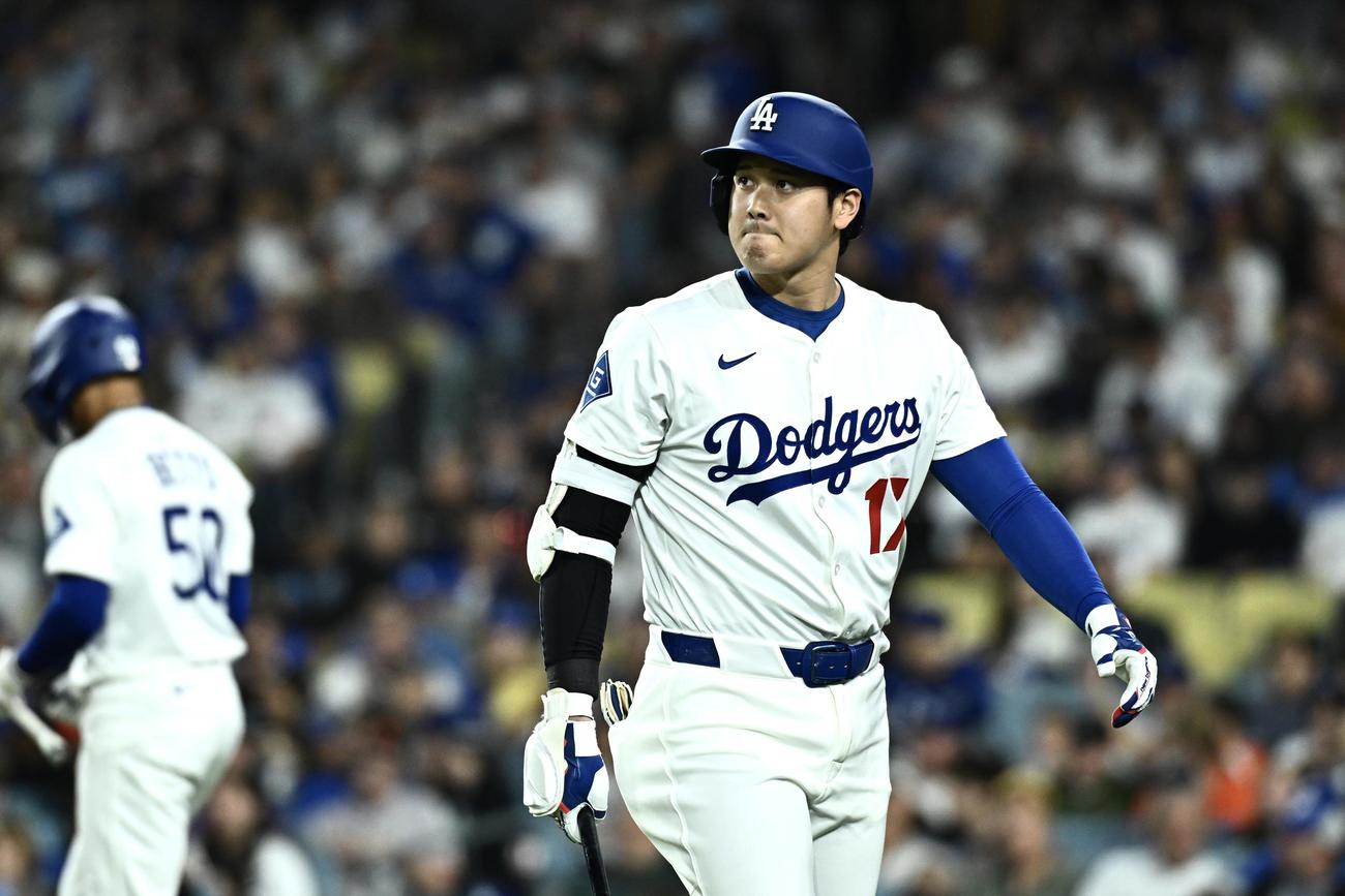 ドジャース対ジャイアンツ　6回裏ドジャース無死、見逃し三振に倒れた大谷（撮影・滝沢徹郎）