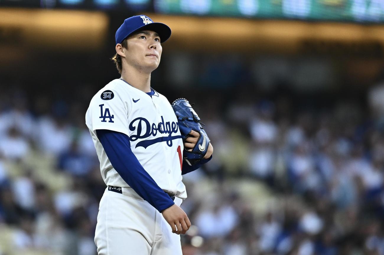 ドジャース対ジャイアンツ　ドジャース先発の山本（撮影・滝沢徹郎）