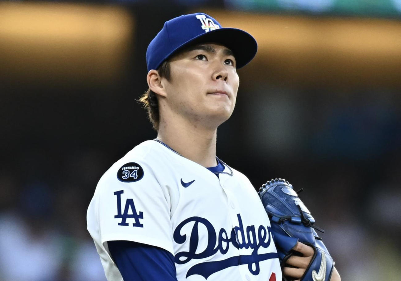 ドジャース対ジャイアンツ　ドジャース先発の山本（撮影・滝沢徹郎）