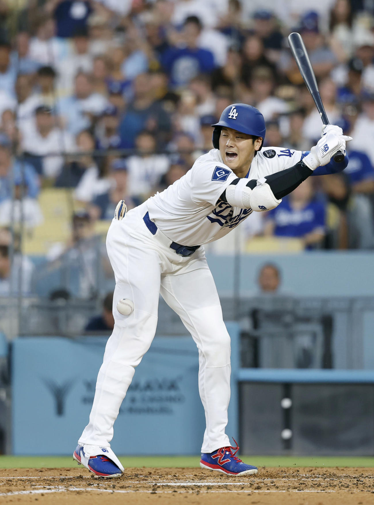 パドレス戦の3回、死球を受けるドジャース大谷（共同）