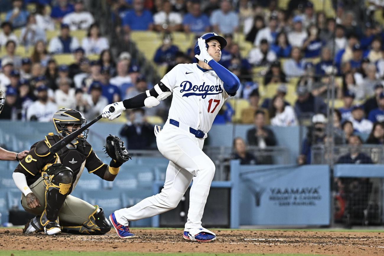 ドジャース対パドレス　8回裏ドジャース無死、大谷は空振り三振に倒れる（撮影・滝沢徹郎）