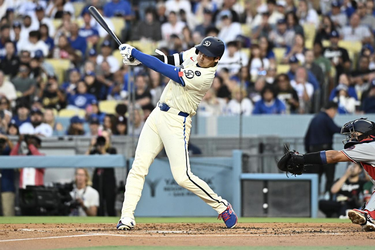 ドジャース対ナショナルズ　3回裏ドジャース1死一塁、大谷は空振り三振に倒れる（撮影・滝沢徹郎）
