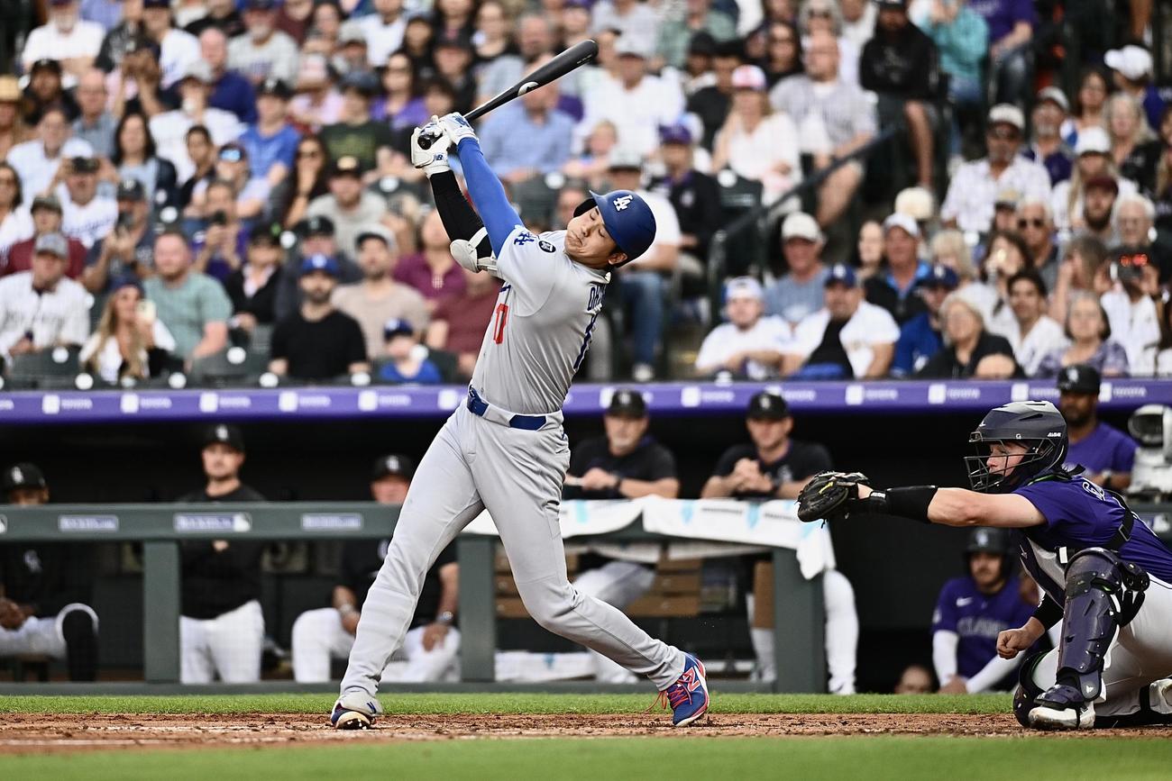 ロッキーズ対ドジャース　4回表ドジャース1死二塁、大谷は空振り三振に倒れる（撮影・滝沢徹郎）