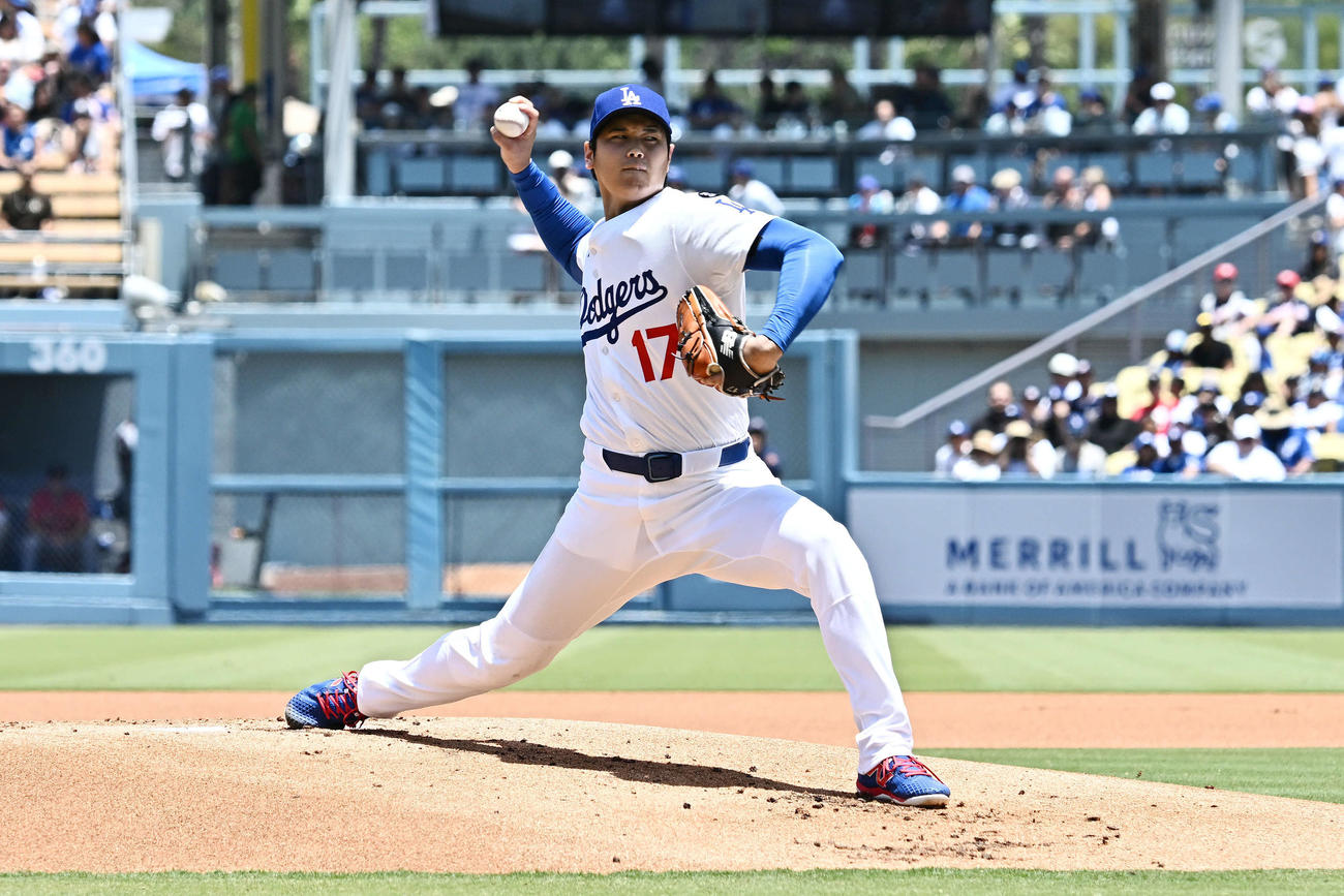 ドジャース対ナショナルズ　ドジャース先発の大谷（撮影・滝沢徹郎）