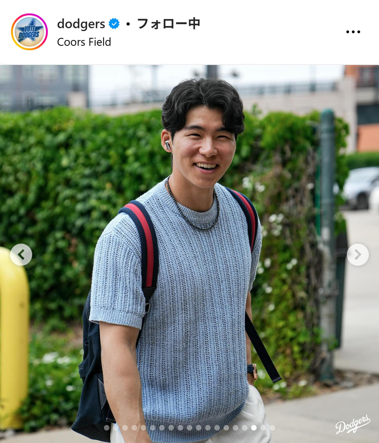 球場入りするキム・へソン（ドジャースのインスタグラムから）