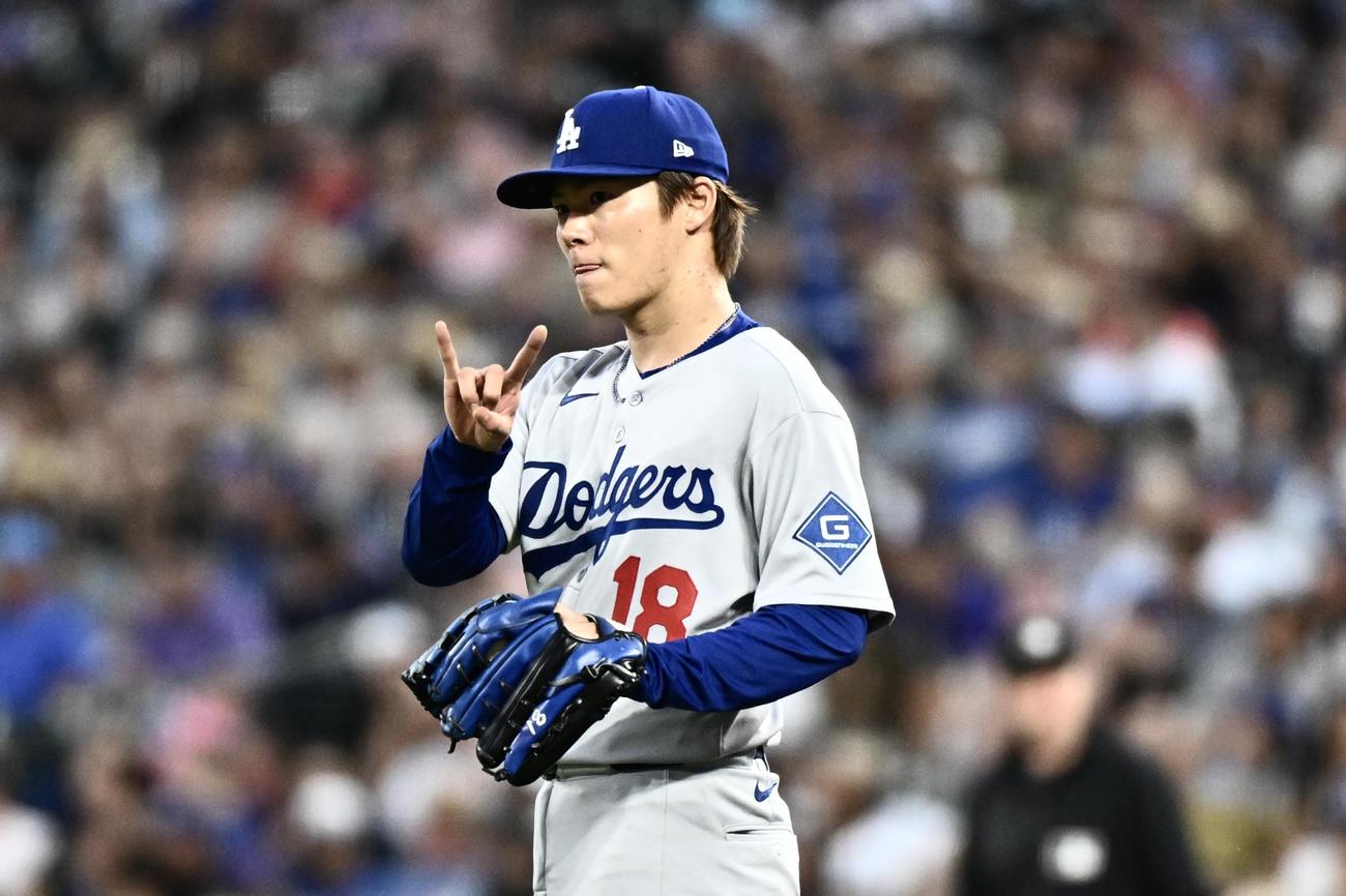 ロッキーズ対ドジャース　ドジャース先発の山本（撮影・滝沢徹郎）