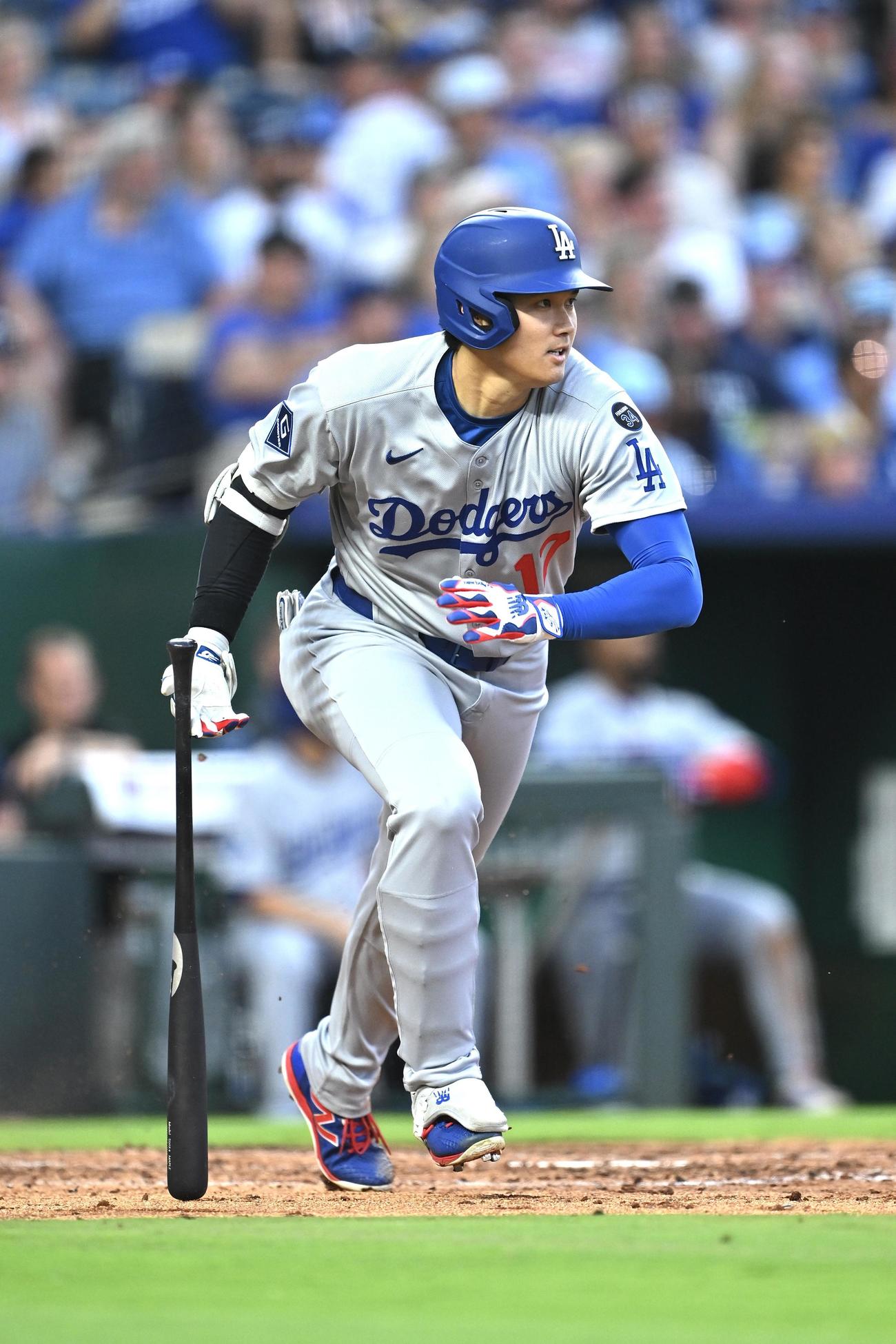 ロイヤルズ対ドジャース　5回表ドジャース無死一塁、大谷は適時三塁打を放つ（撮影・滝沢徹郎）
