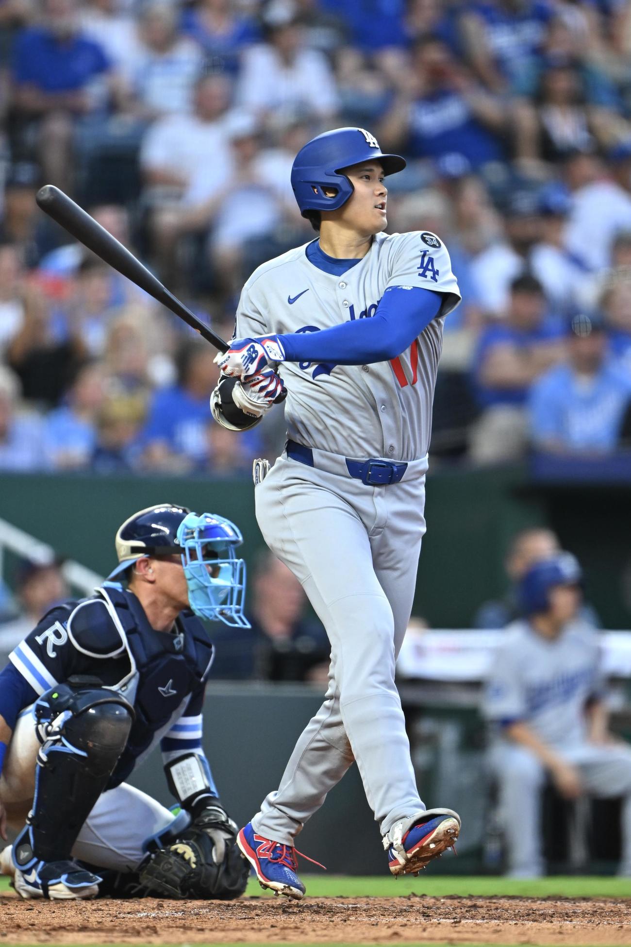 ロイヤルズ対ドジャース　5回表ドジャース無死一塁、大谷は適時三塁打を放つ（撮影・滝沢徹郎）