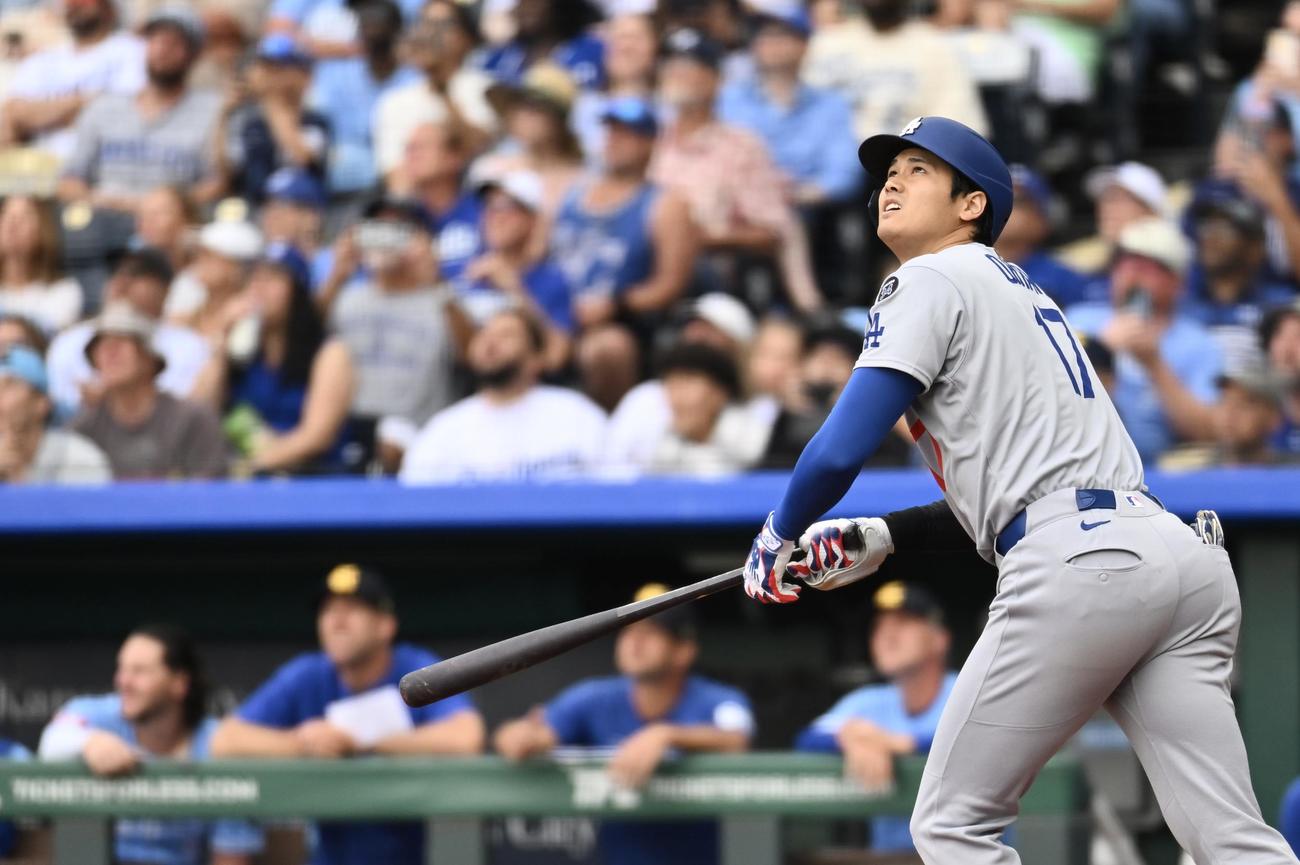 ロイヤルズ対ドジャース　1回表ドジャース無死、大谷は左飛に倒れる（撮影・滝沢徹郎）