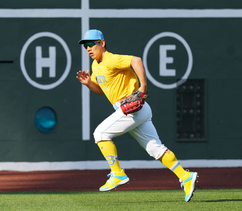 試合前、守備練習をするレッドソックス吉田正尚（23年4月14日撮影）