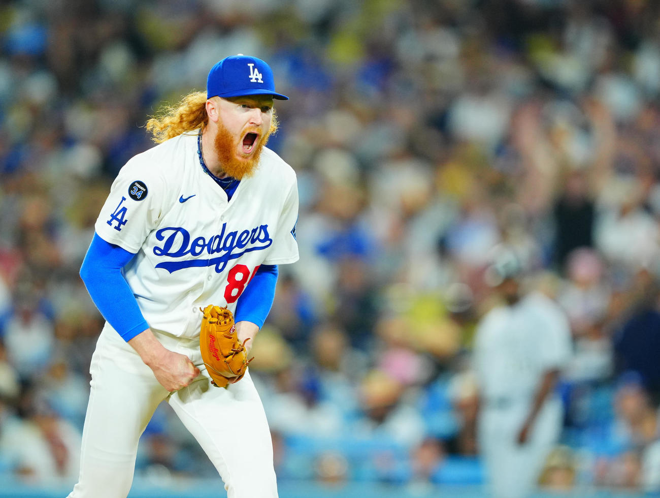 ドジャース対ホワイトソックス　6回表ホワイトソックスの攻撃を無失点に抑え雄たけびをあげるドジャース先発のメイ（撮影・垰建太）