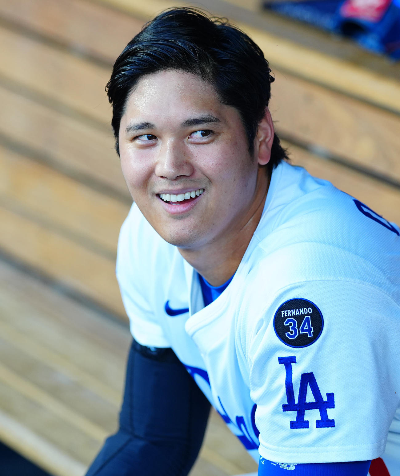ドジャース対ホワイトソックス　1回裏ドジャース1死一塁、フリーマンの適時二塁打で生還し笑顔を見せる大谷（撮影・垰建太）