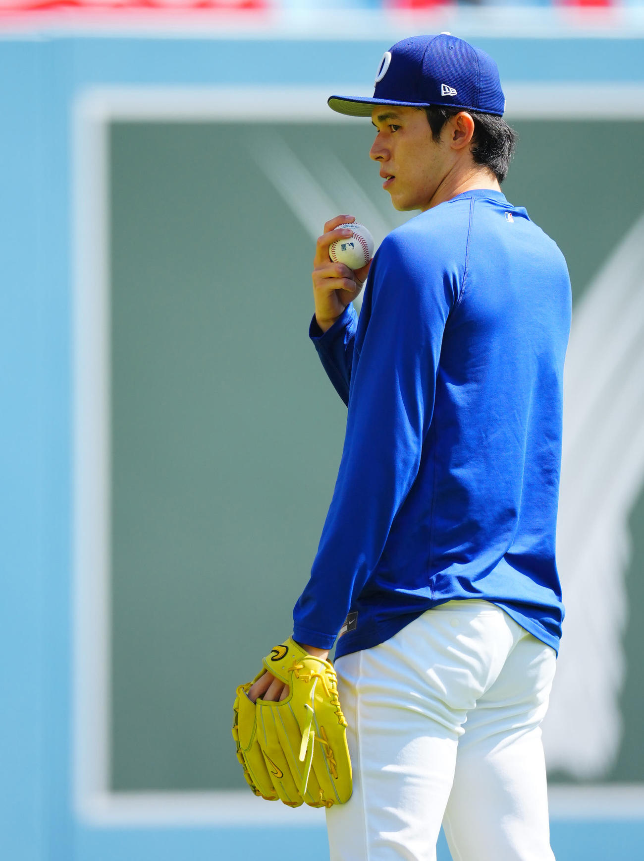 ドジャース対ブルージェイズ　試合前投球練習に臨むドジャース佐々木（撮影・垰建太）