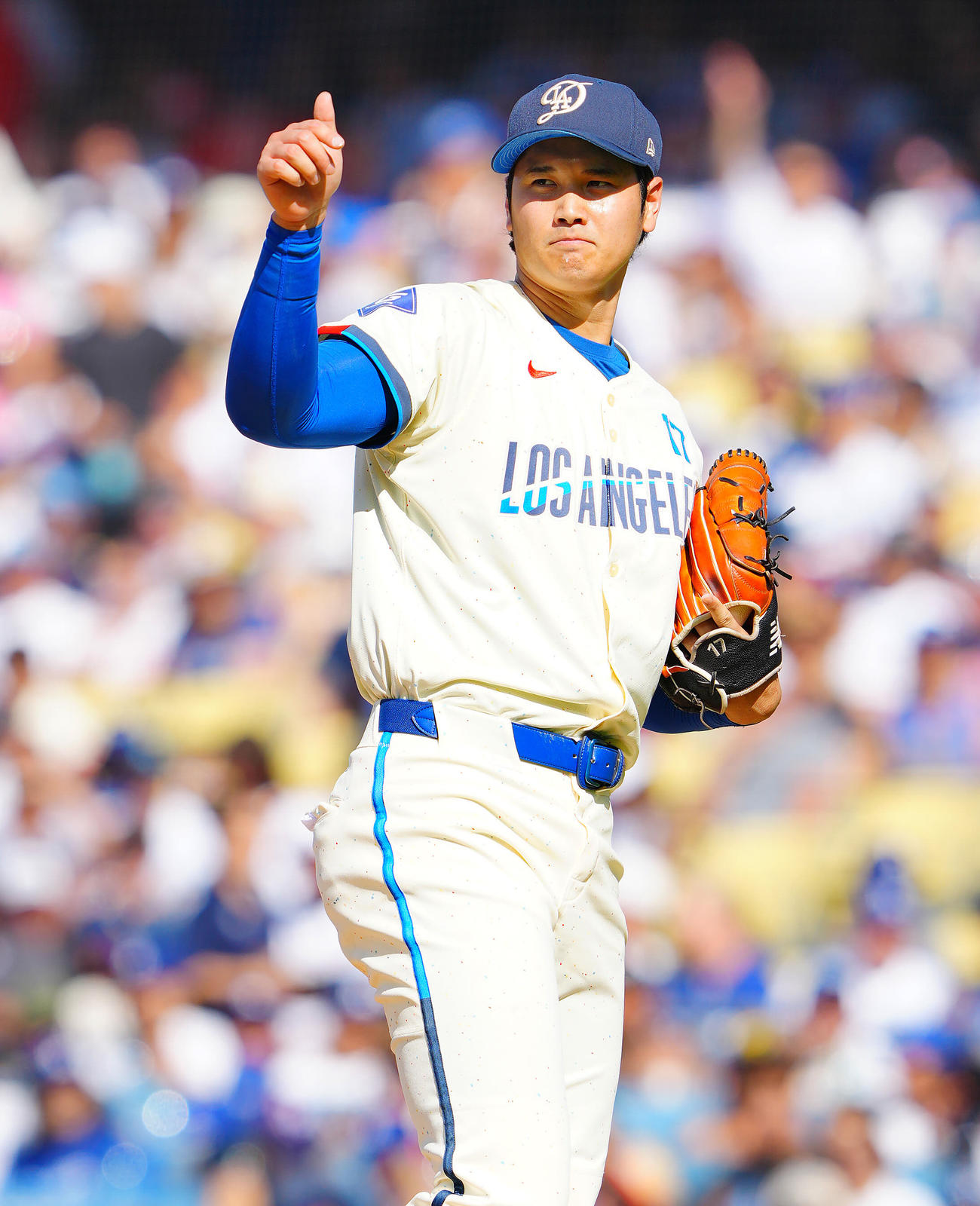 ドジャース対アストロズ　1回表アストロズ1死、スイングをアピールするドジャース先発の大谷（撮影・垰建太）