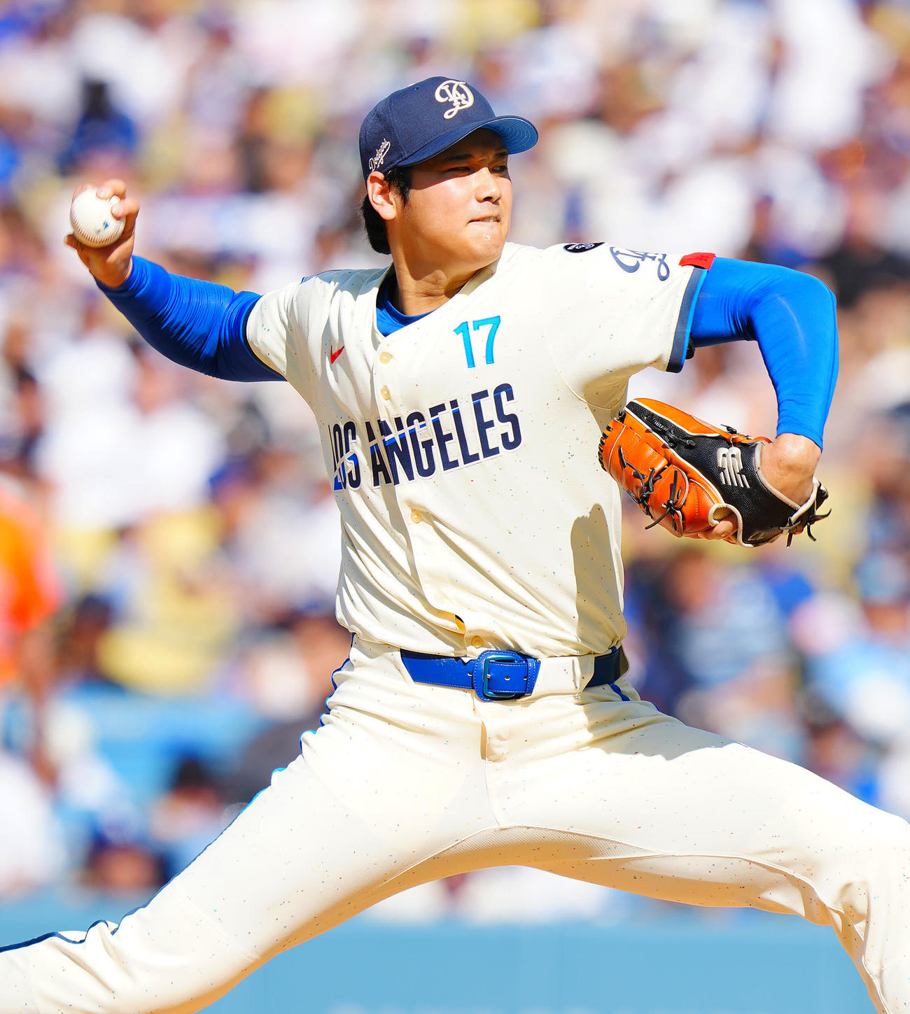 ドジャース対アストロズ　力投するドジャース先発の大谷（2025年7月5日撮影）