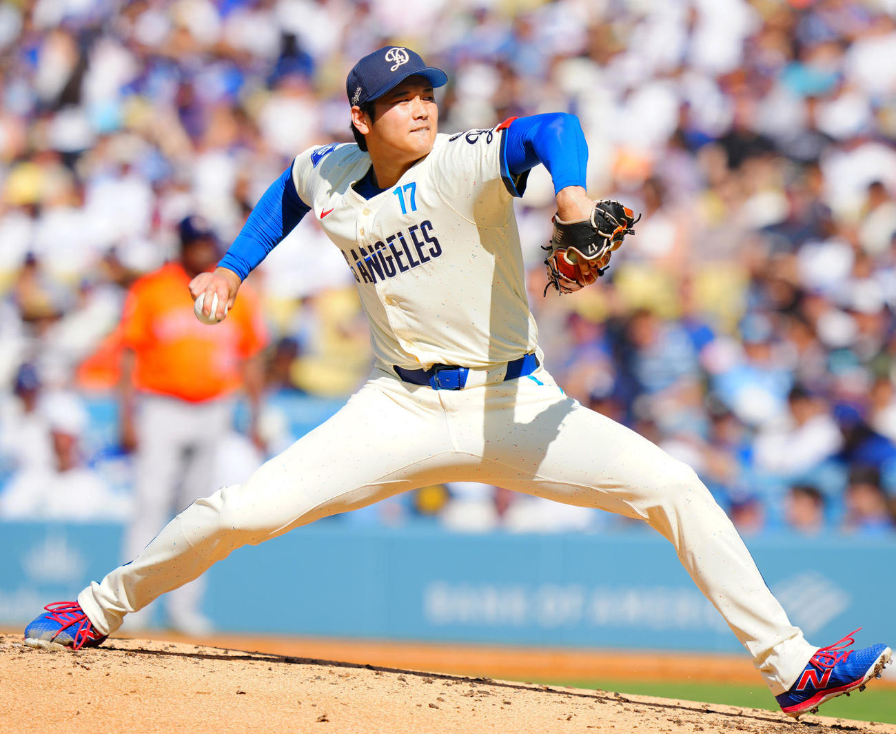 ドジャース対アストロズ　力投するドジャース先発の大谷（2025年7月5日撮影）