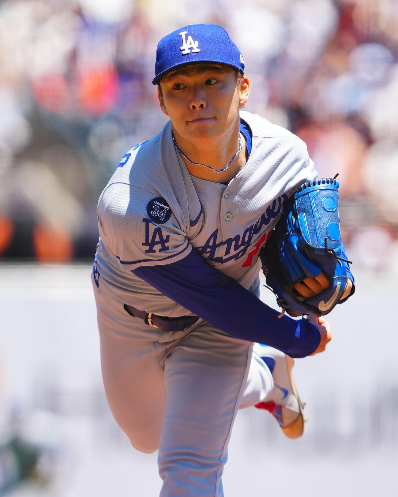 ジャイアンツ対ドジャース　力投するドジャース先発の山本（撮影・垰建太）