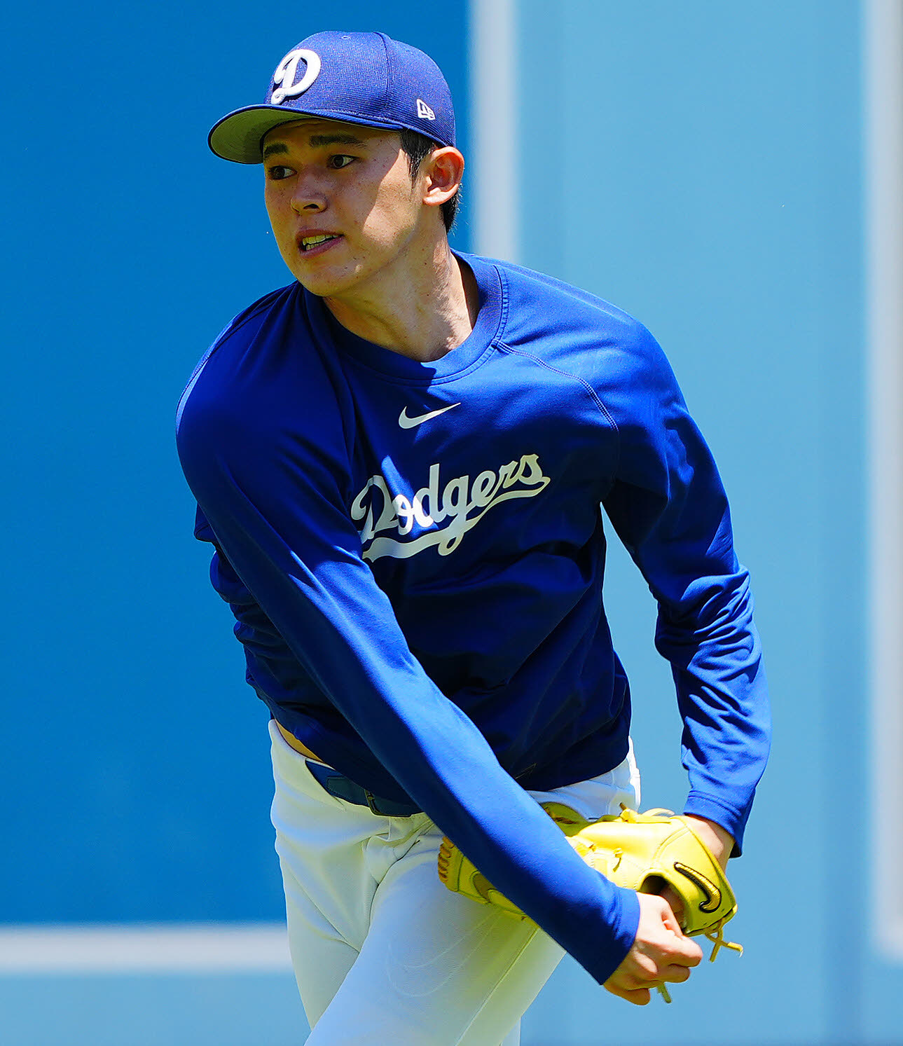 投球練習するドジャース佐々木朗希（2025年7月撮影）