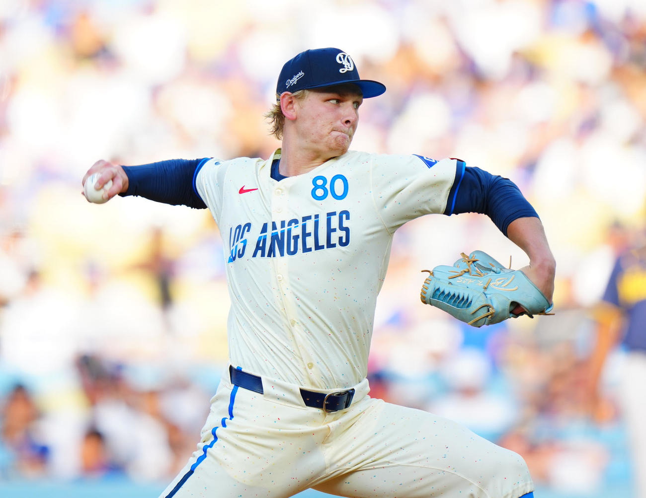 ドジャース対ブルワーズ　力投するドジャース先発のシーハン（撮影・垰建太）