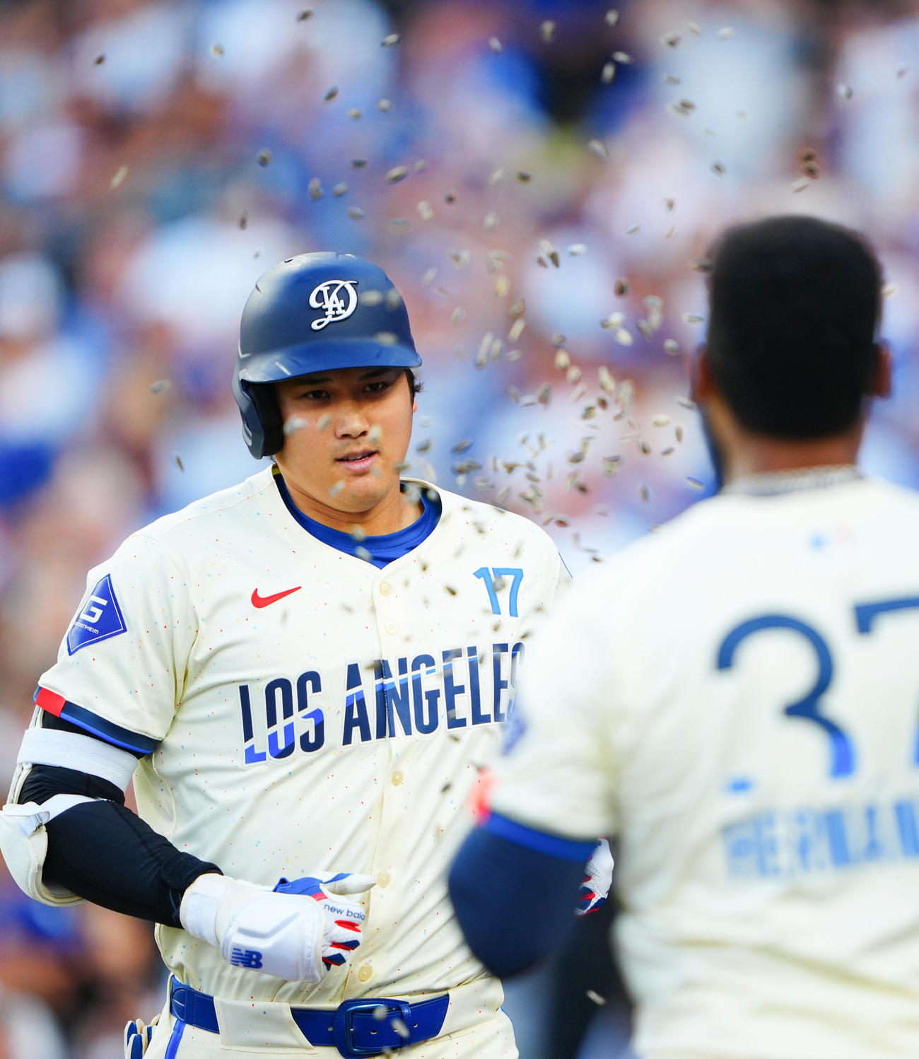 ドジャース対ブルワーズ　3回裏ドジャース無死一塁、2点本塁打を放ち祝福のヒマワリの種を浴びる大谷（撮影・垰建太）