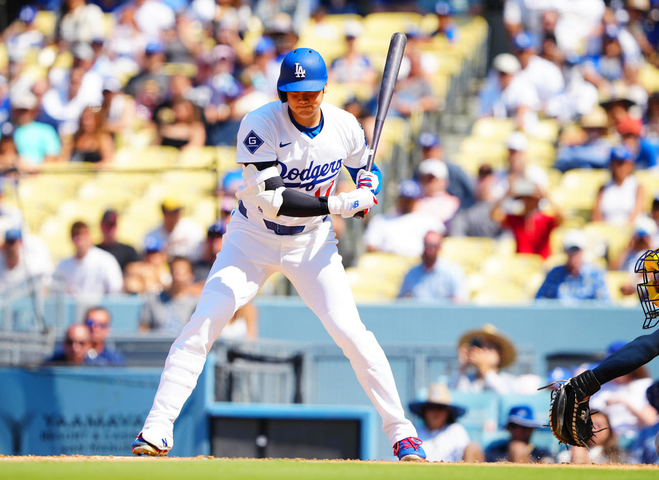ドジャース対ブルワーズ　8回裏ドジャース2死、四球を選ぶ大谷（撮影・垰建太）